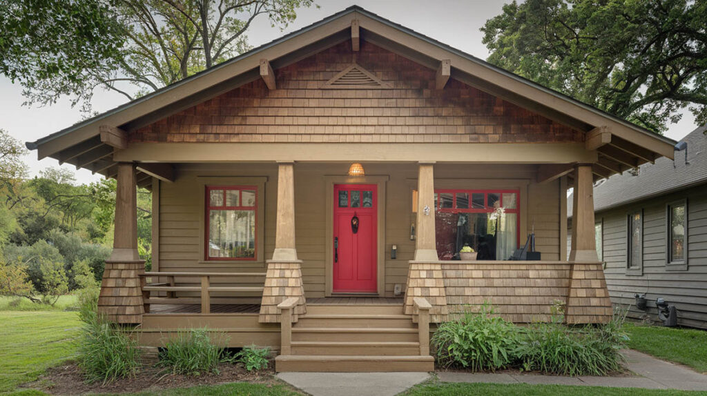 Bungalow with covered porch and red trim and door