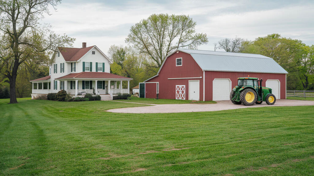 Farmhouse with red barn and tractor