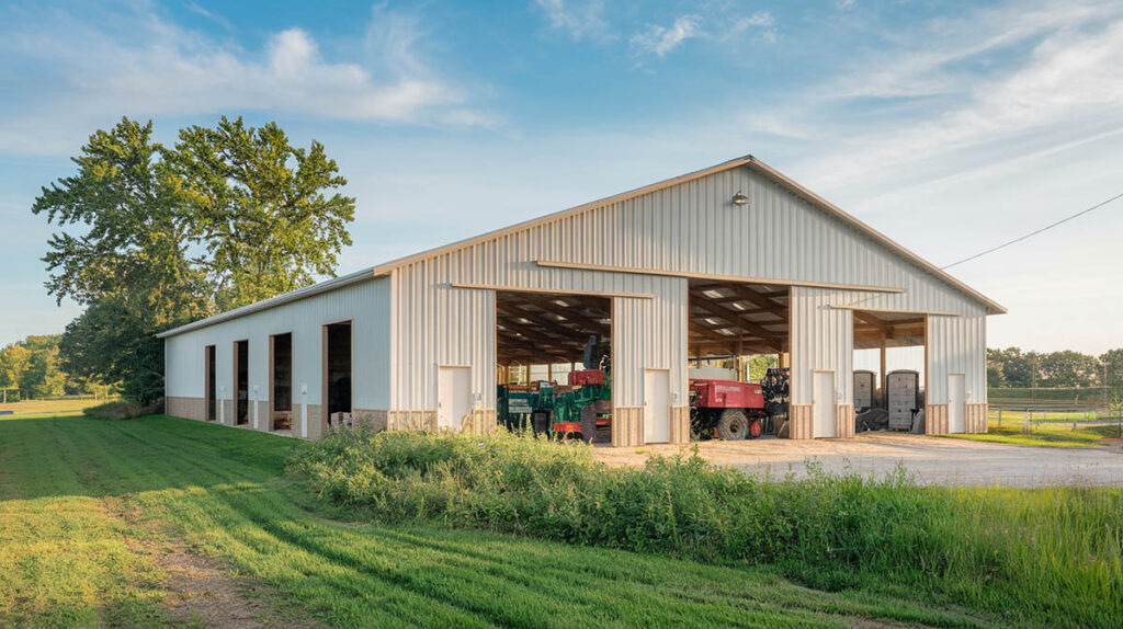 Pole barn on farm with multiple doors