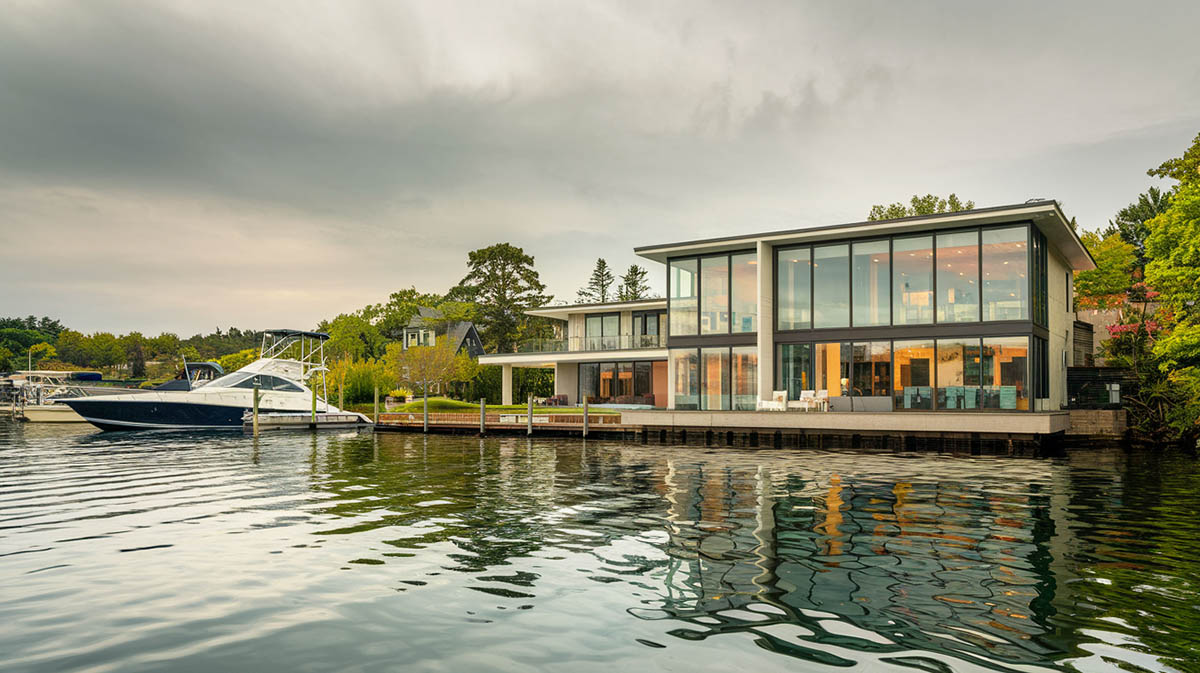 Contemporary waterfront house with large glass windows 